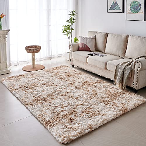 VOFUSHON Wohnzimmer Hochflor Teppich,Shaggy Flur Läufer Teppich Modern Flauschiger Weich Bunte Batik Teppich Groß für Wohnzimmer Deko/Schlafzimmer/Kinderzimmer(Khaki,120 x 160 cm) von VOFUSHON