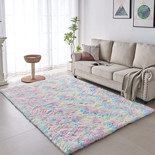 VOFUSHON Wohnzimmer Hochflor Teppich,Shaggy Flur Läufer Teppich Modern Flauschiger Weich Bunte Batik Teppich Groß für Wohnzimmer Deko/Schlafzimmer/Kinderzimmer(Regenbogen,120 x 160 cm) von VOFUSHON