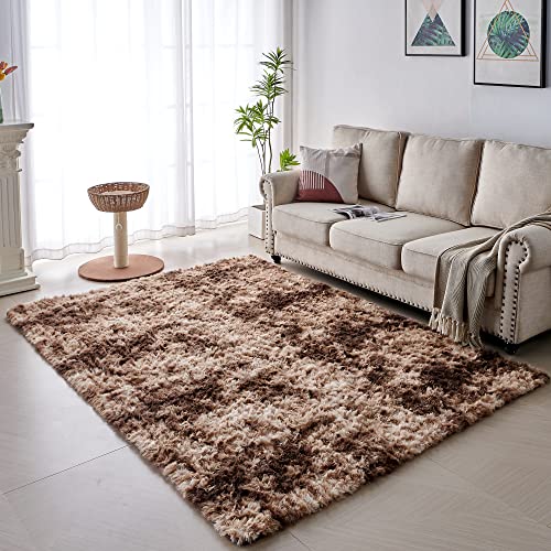 VOFUSHON Wohnzimmer Hochflor Teppich,Shaggy Flur Läufer Teppich Modern Flauschiger Weich Bunte Batik Teppich Groß für Wohnzimmer Deko/Schlafzimmer/Kinderzimmer(braun,120 x 160 cm) von VOFUSHON