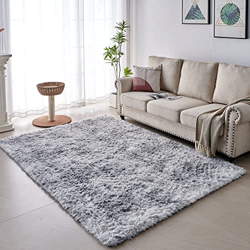 VOFUSHON Wohnzimmer Hochflor Teppich, Shaggy Flur Läufer Modern Flauschiger Weich Bunte Batik Teppich Groß für Wohnzimmer Deko/Schlafzimmer/Kinderzimmer (hellgrau, 120 x 160 cm) von VOFUSHON