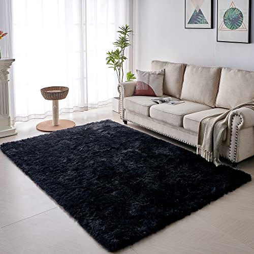 VOFUSHON Wohnzimmer Hochflor Teppich,Shaggy Flur Läufer Teppich Modern Flauschiger Weich Teppich Groß für Wohnzimmer Deko/Schlafzimmer/Kinderzimmer(120 x 160 cm,Schwarz) von VOFUSHON