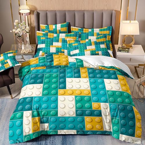 VOGIAY Bettwäsche 135x200 3D Bausteine Patchworkmuster Bettwäsche Set – Bettwäsche für Teenager und Kinder Bettbezug aus Mikrofaser mit 1 Kissenbezug 80x80cm Geeignet für Alle Jahreszeiten von VOGIAY