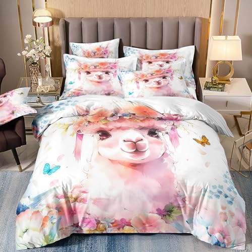 VOGIAY Bettwäsche 155x220, Alpaka und Floral Drucken Muster Kind Bettwäsche Set, Jungs Mädchen Cartoon Tier Bettbezug aus Mikrofaser mit 2 Kissenbezug 80x80 Dekor Bettdeckenbezug von VOGIAY