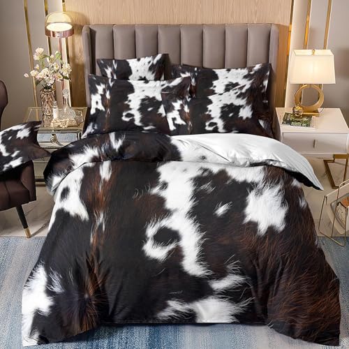 VOGIAY Bettwäsche Kuhfell 155x220 cm 3teilig Mikrofaser Bettbezug mit Reißverschluss, Weich Atmungsaktiv Bettwäsche-Set, für Kinder Erwachsene Western Bauernhof Tier Haut Betten Set Luxus Braun Weiß von VOGIAY