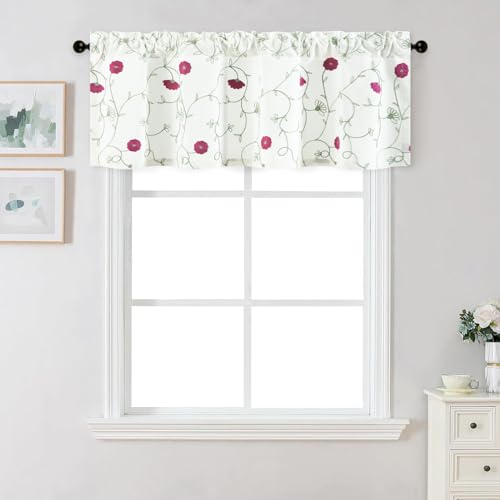 VOGOL Elegante Fenstervolant 137x49 cm, Leinen Gesticktes Rot Blumenmuster Fenstervolant für ERKERFENSTER & Schlafzimmer, Stabtasche von VOGOL