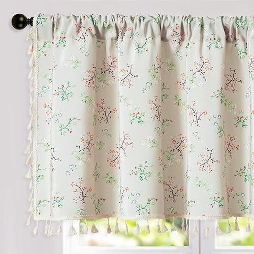 VOGOL Gemütliche Blumenvalance 132x49 cm Landhausstil - Boho Blumenmuster mit Stangentasche für Schlafzimmer & Wohn-Essbereich | Leinenoptik Bauernhaus-Charme von VOGOL