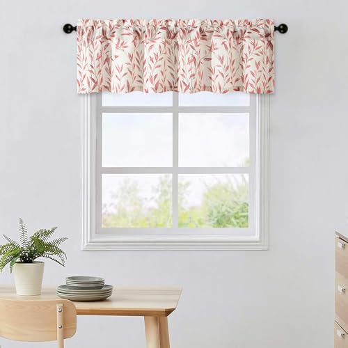 VOGOL Weidenblatt-Druckgardine Fenster Volant 132x31cm, Stangentaschen Elegante Leinenvorhäng für Gemütliche Altbau-Wohnung & Erkerfenster von VOGOL
