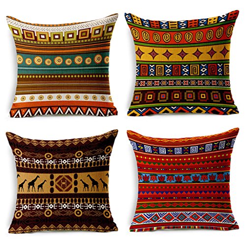 youyee 4er Pack Baumwolle Leinen Sofa Home Decor Design Werfen Kissen Fall Kissen quadratisch 45,7 cm (Set von 4 ethnischen African Style Serie), Baumwoll-Leinen, C2 - 4 Pack, 18x18 von VOGOL
