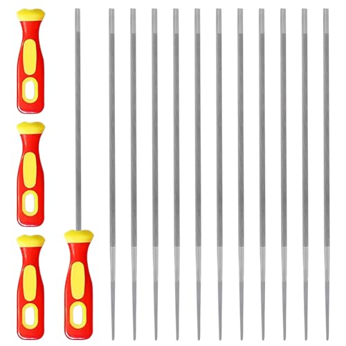 12 Stück Rundfeilen für Kettensägen, mit 4 Griff, Kettensäge Feilen Set 4 mm, Kettensägenfeile Rundfeile 3/8, Ideal zum Schärfen von Sägeketten, Rasenmäher und Gartengeräte von VOHESEA