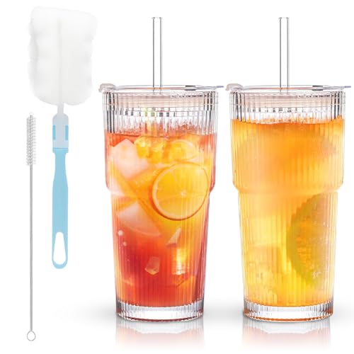 2 Stück Gerippte Glasbecher mit Deckel und Strohhalm, 600ml Klare Groß Trinkglas Bubble Tea Becher Set Smoothie Becher Säfte Trinkgläser Outdoor Kaffeebeche für Eiskaffee Saft Smoothie Wasser Tee von VOHESEA