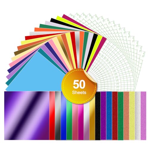 50er Pack Smart Vinyl Permanent für Cricut Explore 3/Maker 3, 33x30.5cm Smart Adhesive Vinyl Permanent Glitzer Vinyl Chromglanz mit Transferfolie Vinyl Selbstklebend zum DIY Fenster Tassen Banner 50er Pack Smart Vinyl Permanent für Cricut Explore 3/Maker 3, 33x30.5cm Smart Adhesive Vinyl Permanent Glitzer Vinyl Chromglanz mit Transferfolie Vinyl Selbstklebend zum DIY Fenster Tassen Banner von VOHESEA