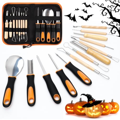 Halloween Kürbis Schnitzset, 13 Stück Edelstahl Schnitzwerkzeug Professionelles Set, Kürbis Schnitzwerkzeuge mit Aufbewahrungstasche, kürbis Schnitzmesser für Kinder und Familie DIY Dekoration von VOHESEA