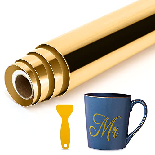 Permanentes selbstklebendes Vinyl Plotterfolie Rollen mit Schaber 30.5x305cm Metallic Chrom Vinyl Rolle Plotter Glänzend Plotterfolie für Cricut Scrapbooking Aufkleber Tasse Bastelschneidern (Gold) von VOHESEA