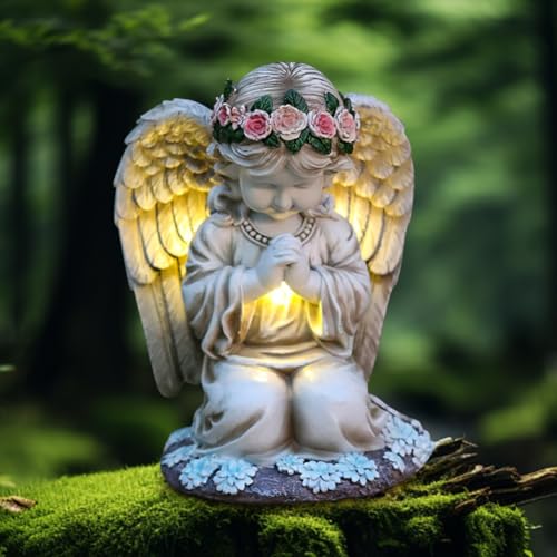 Solar Engel Gartenstatuen 8" Engel Figur am Grab, Grabschmuck Wetterfest Angel Gartenfiguren Betende Engel mit 3 LED Leuchten, Wetterfest Fairy Angel Skulptur Deko Rasen Hof Terrasse Fensterbank von VOHESEA