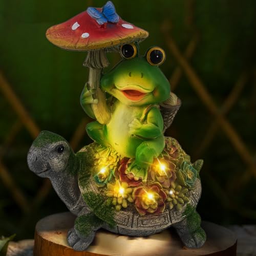 Solar Gartenfiguren Schildkröte Schildkröte Gartendeko LED Schildkröte & Frösche Gartenfiguren, Gartendeko Gartenstatuen mit Sukkulenten und 4 LED Leuchten für Hof Dekoration, Balkon, Gartengeschenke von VOHESEA