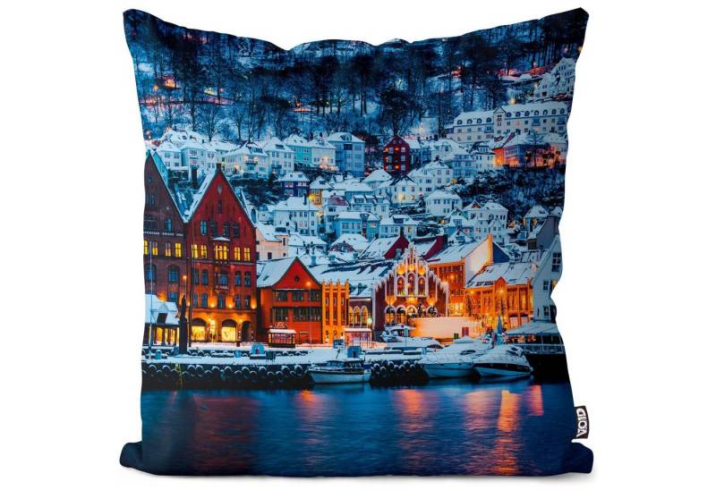 Kissenbezug, VOID (1 Stück), Sofa-Kissen Norwegen Bucht Fjord Skandinavien Bergen Stadt Landschaft Winter Schnee Winter Reise Urlaub Norwegen von VOID