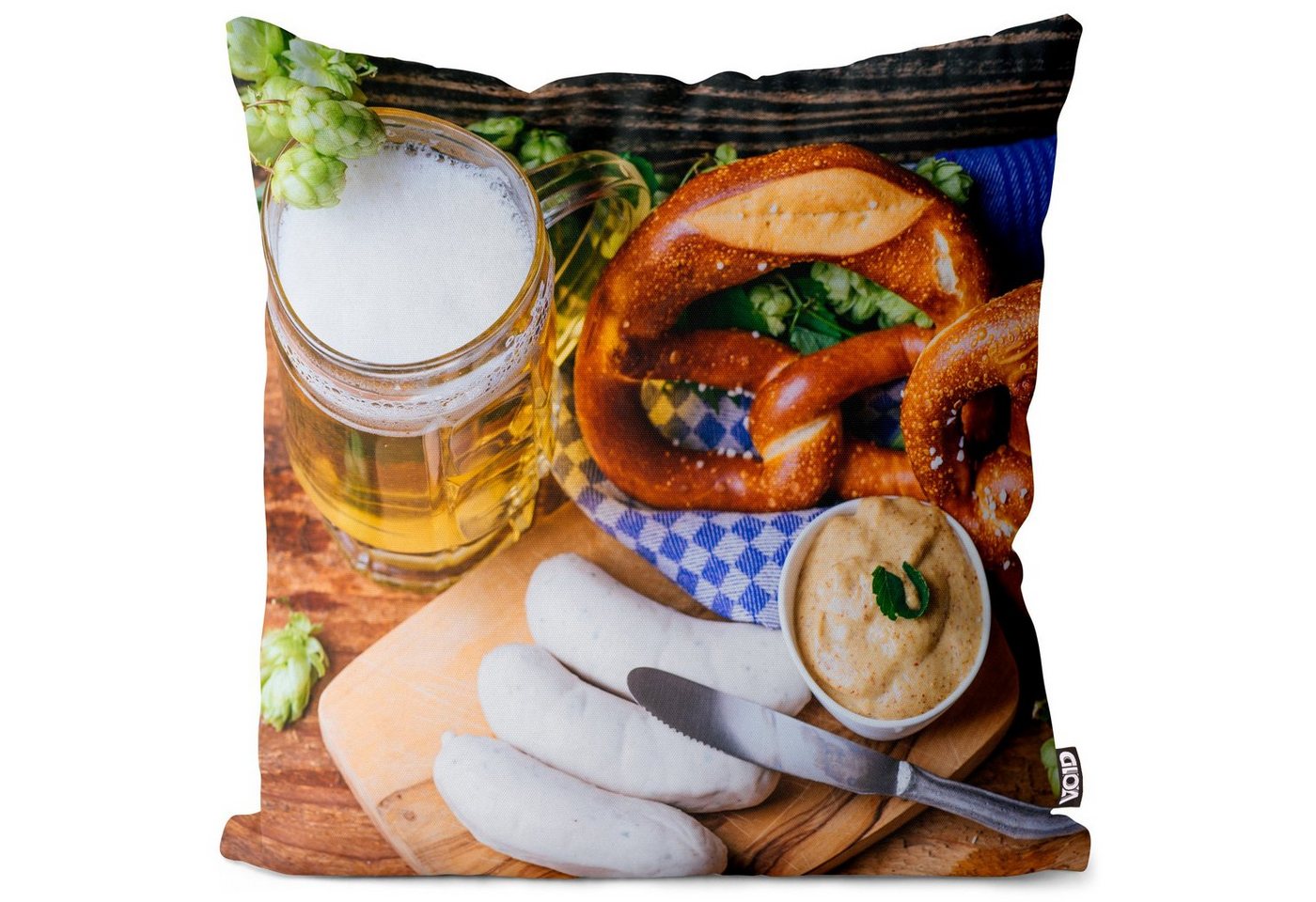 Kissenbezug, VOID (1 Stück), Sofa-Kissen Weißwurst Breze Bier Bayern Frühstück Bierkrug Essen Biergarten Oktoberfest Bierbank Maßkrug Wurst München Brezel bayrisch Traditi von VOID