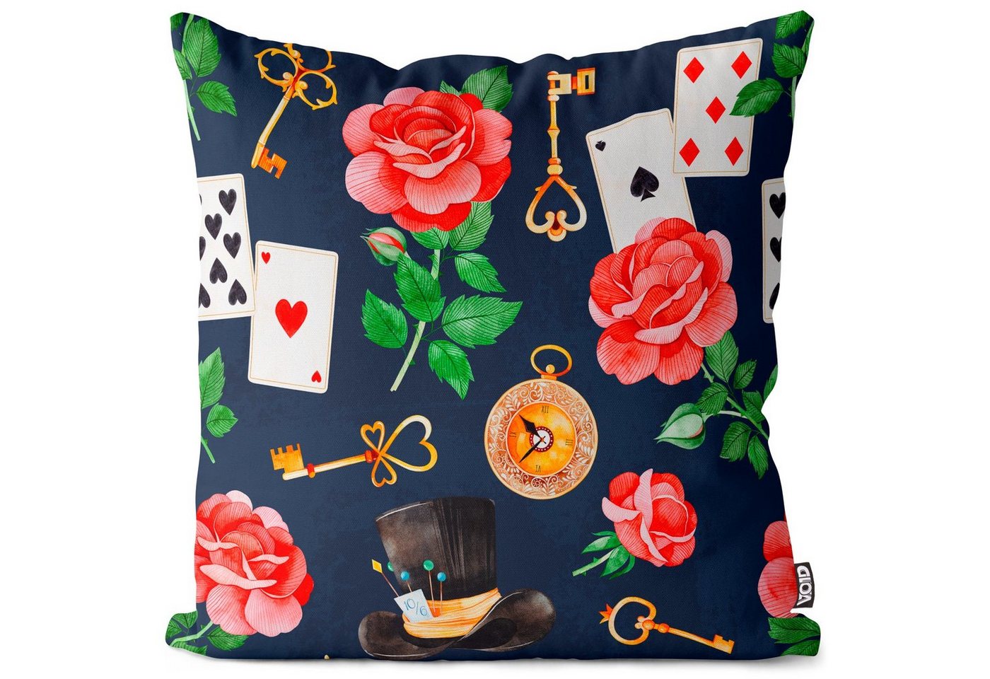 Kissenbezug, VOID (1 Stück), Sofa-Kissen Karten-Spiel Alice im Hut-Macher Rose Blumen-Muster Uhr Schlüssel Pflanzen Blätter abstrakt Poker Black-Jack von VOID