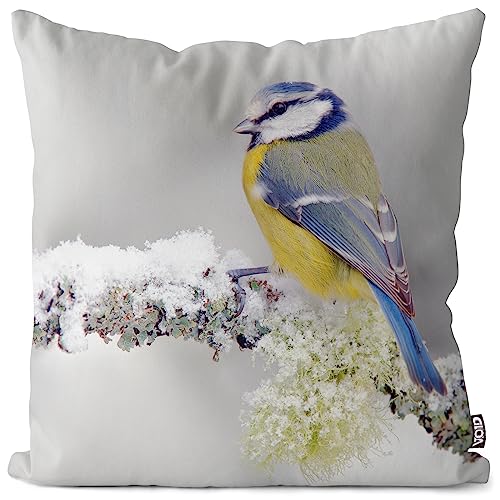 VOID Blaumeise Winter Vogel Kissenbezug Kissenhülle Polyester Weihnachten Deko Winter Outdoor Dekoration, Kissen Größe:50 x 50 cm von VOID