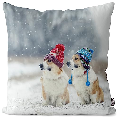 VOID Corgis Winter Schnee Hunde Kissenbezug Kissenhülle Polyester Weihnachten Deko Winter Outdoor Dekoration, Kissen Größe:60 x 60 cm von VOID