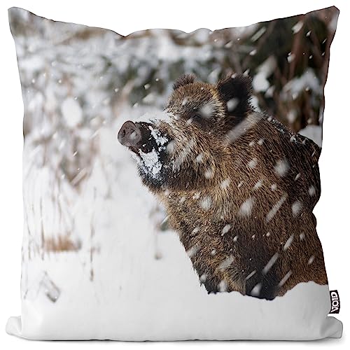 VOID Eber Wildschwein Wald Winter Jagd Kissenbezug Kissenhülle Polyester Weihnachten Deko Winter Outdoor Dekoration, Kissen Größe:50 x 50 cm von VOID