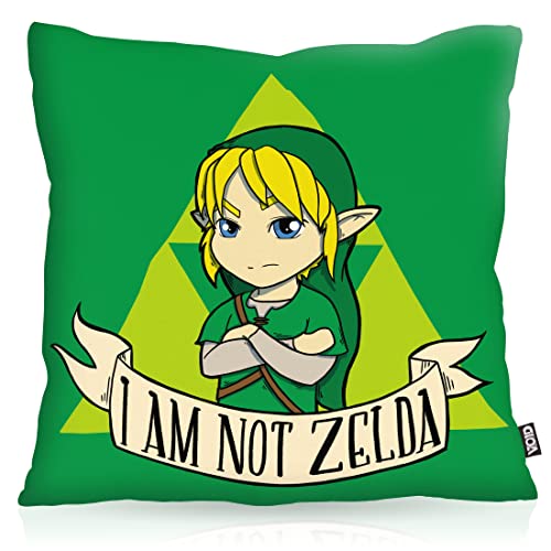 VOID I am not Zelda Kissenbezug Kissenhülle Polyester wasserfest Outdoor Game Gamer Spiel Hyrule, Kissen Größe:50 x 50 cm, Kissen Farbe:Grün von VOID