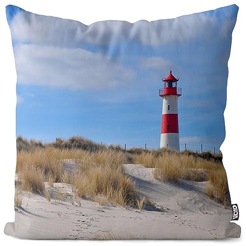 VOID Leuchtturm Sylt Strand Dünen Kissenbezug Kissenhülle Polyester Dekoration Outdoor Dekokissen, Kissen Größe:40 x 40 cm von VOID