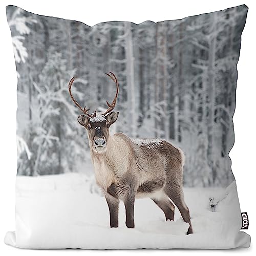 VOID Rentier Winterlandschaft Schnee Kissenbezug Kissenhülle Polyester Weihnachten Deko Winter Outdoor Dekoration, Kissen Größe:60 x 60 cm von VOID