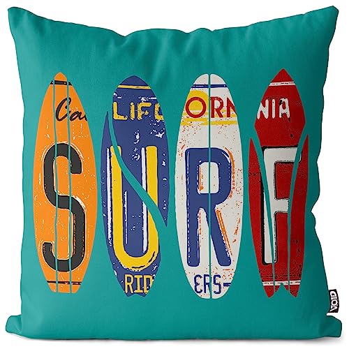 VOID Retro Surfbrett Schild Surfer Kissenbezug Kissenhülle Polyester wasserfest Outdoor Indoor, Kissen Größe:40 x 40 cm von VOID