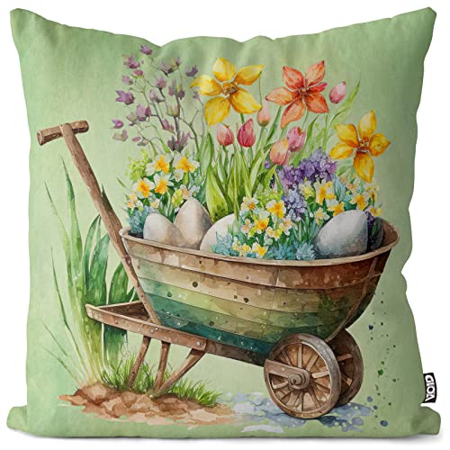 VOID Schubkarre Blumen Frühling 50x50 Kissenhülle Polyester Zierkissen Couchkissen Ostern Osterdeko Deko von VOID