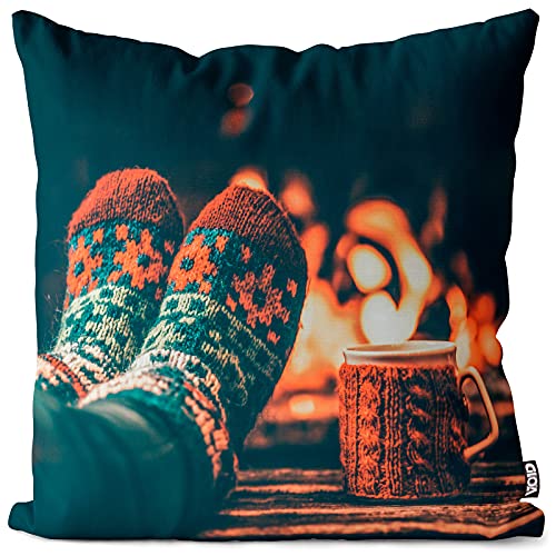 VOID Winter Kamin Tee Feuer Kissenbezug Kissenhülle Sofakissen Kissen Deko Weihnachten Winter Weihnachtsdeko, Kissen Größe:50 x 50 cm von VOID