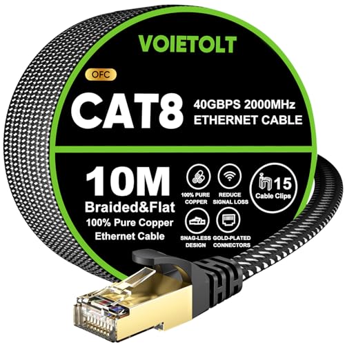 VOIETOLT Cat 8 Lan Kabel 10M, 40Gbps/2000Mhz Flaches Geflecht Netzwerkkabel Ethernet Kabel, S/FTP RJ45 Gigabit Patchkabel für PS4/5, für Modem, für Router VOIETOLT Cat 8 Lan Kabel 10M, 40Gbps/2000Mhz Flaches Geflecht Netzwerkkabel Ethernet Kabel, S/FTP RJ45 Gigabit Patchkabel für PS4/5, für Modem, für Router von VOIETOLT