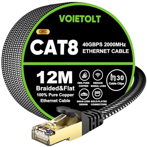 VOIETOLT Cat 8 Lan Kabel 12M, 40Gbps/2000Mhz Flaches Geflecht Netzwerkkabel Ethernet Kabel, S/FTP RJ45 Gigabit Patchkabel für PS4/5, für Modem, für Router von VOIETOLT