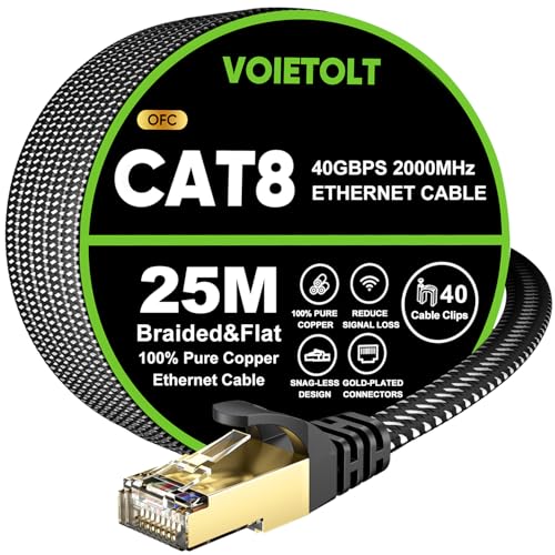 VOIETOLT Cat 8 Lan Kabel 25M, 40Gbps/2000Mhz Flaches Geflecht Netzwerkkabel Ethernet Kabel, S/FTP RJ45 Gigabit Patchkabel für PS4/5, für Modem, für Router von VOIETOLT