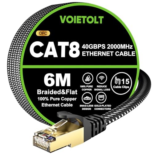 VOIETOLT Cat 8 Lan Kabel 6M, 40Gbps/2000Mhz Flaches Geflecht Netzwerkkabel Ethernet Kabel, S/FTP RJ45 Gigabit Patchkabel für PS4/5, für Modem, für Router VOIETOLT Cat 8 Lan Kabel 6M, 40Gbps/2000Mhz Flaches Geflecht Netzwerkkabel Ethernet Kabel, S/FTP RJ45 Gigabit Patchkabel für PS4/5, für Modem, für Router von VOIETOLT
