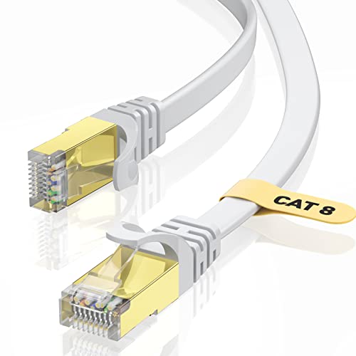 VOIETOLT Cat8 Lan Kabel 40M mit Clips, 40Gbps/2000MHz Flach Schirmung Hochgeschwindigkeit Netzwerkkabel, STP RJ45 Gigabit Cat-8 Ethernet Kabel für PS4/9, Xbox, Modem, Router (weiß) von VOIETOLT