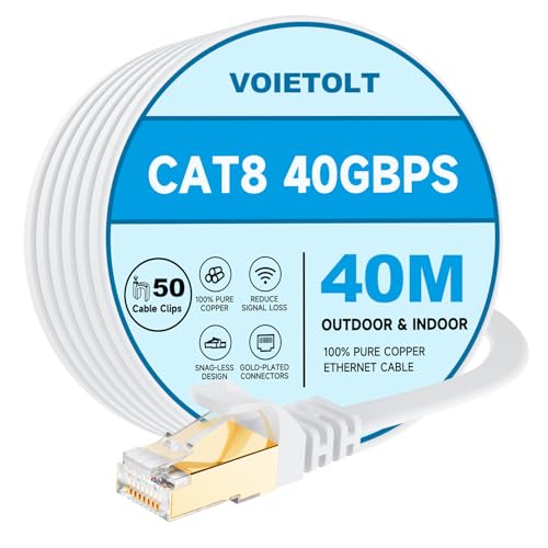 VOIETOLT Cat8 Lan Kabel 40M mit Clips, 40Gbps/2000MHz Flach Schirmung Hochgeschwindigkeit Netzwerkkabel, STP RJ45 Gigabit Cat-8 Ethernet Kabel für PS4/5, für Modem, für Router (weiß) von VOIETOLT
