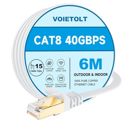 VOIETOLT Cat8 Lan Kabel 6M mit Clips, 40Gbps/2000MHz Flach Schirmung Hochgeschwindigkeit Netzwerkkabel, STP RJ45 Gigabit Cat-8 Ethernet Kabel für PS4/5, für Modem, für Router (weiß) von VOIETOLT