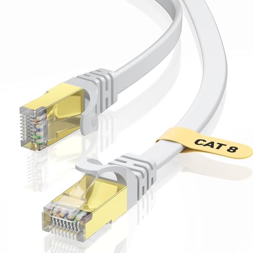 VOIETOLT Cat8 Lan Kabel 8M mit Clips, 40Gbps/2000MHz Flach Schirmung Hochgeschwindigkeit Netzwerkkabel, STP RJ45 Gigabit Cat-8 Ethernet Kabel für PS4/5, für Modem, für Router (weiß) von VOIETOLT