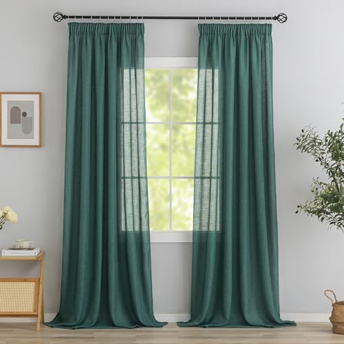 VOILYBIRD 2er Set Leinen Mischgewebe Vorhänge mit Kräuselband Leinenoptik Gardinen für Schlafzimmer Wohnzimmer (HxB 245 x 140 cm, Dunkelgrün) von VOILYBIRD