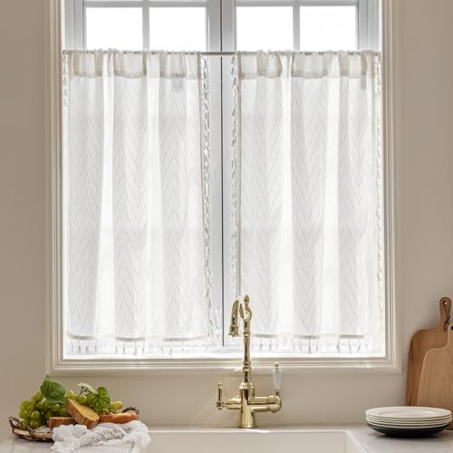 VOILYBIRD Küchenfenstervorhänge über der Spüle, 61 cm Länge, Boho-Quaste, Etagen, Café-Vorhänge, Zick-Zack-Design, 2 Paneele, Weiß VOILYBIRD Küchenfenstervorhänge über der Spüle, 61 cm Länge, Boho-Quaste, Etagen, Café-Vorhänge, Zick-Zack-Design, 2 Paneele, Weiß von VOILYBIRD