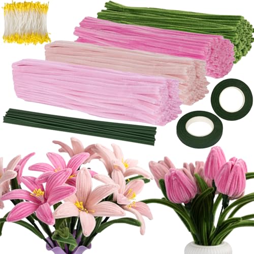 VOKABY 400 PCS Pfeifenputzer Zum Basteln,4 Farben Pfeifenreiniger,400 PCS Staubblätter,20 PCS Blumendraht,für Dekoration und Geschenk (Rosa) von VOKABY