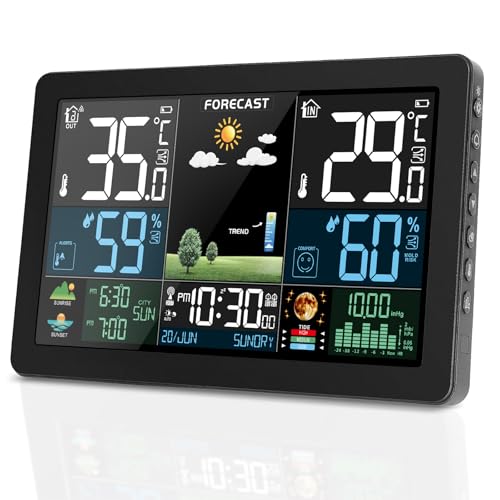 VOKSUN Wetterstation Funk mit Außensensor, Farbdisplay, Thermometer Hygrometer mit Wettervorhersage, DCF Funkuhr, Batteriebetrieb und Netzbetrieb von VOKSUN