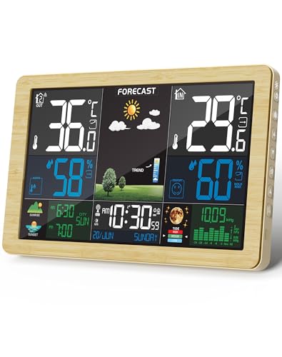 VOKSUN Wetterstation Funk mit Außensensor, Farbdisplay, Thermometer Hygrometer mit Wettervorhersage, DCF Funkuhr, Batteriebetrieb und Netzbetrieb(Holzmaserungsfarbe) von VOKSUN