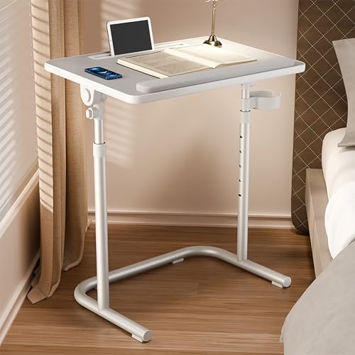Beistelltisch mit Rollen Pflegetisch Höhenverstellbar Betttisch Klappbarer Laptoptisch, 59-75cm Gestell aus Metall Sofatisch für Wohnzimmer Schlafzimmer(Light Gray) von VOLDAX