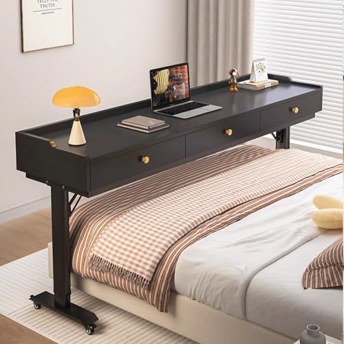 Beistelltisch mit Rollen Pflegetisch Höhenverstellbar Betttisch aus Holz, Laptoptisch Drehbare Überbetttisch Sofatisch für Wohnzimmer Schlafzimmer(Black) von VOLDAX