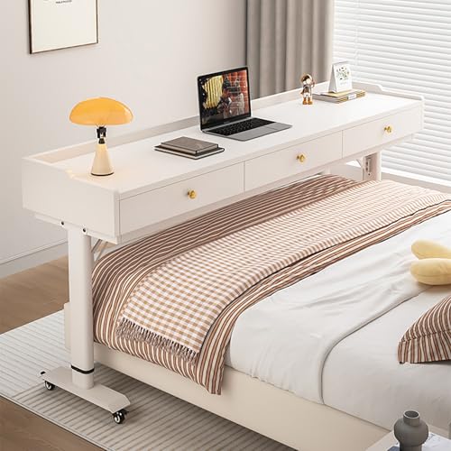 Beistelltisch mit Rollen Pflegetisch Höhenverstellbar Betttisch aus Holz, Laptoptisch Drehbare Überbetttisch Sofatisch für Wohnzimmer Schlafzimmer(White) von VOLDAX