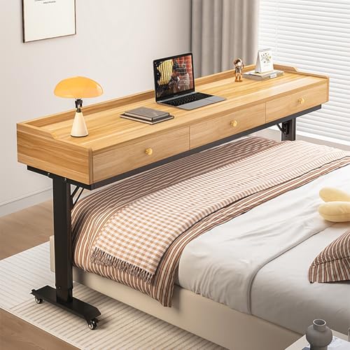 Beistelltisch mit Rollen Pflegetisch Höhenverstellbar Betttisch aus Holz, Laptoptisch Drehbare Überbetttisch Sofatisch für Wohnzimmer Schlafzimmer(Yellow-A) von VOLDAX