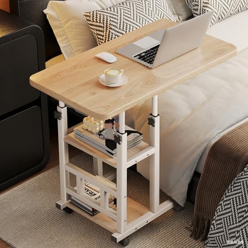 Höhenverstellbarer Schreibtisch Holz mit 2 Regal, Laptoptisch Beistelltisch C Form mit Rollen Sofatisch für Wohnzimmer Schlafzimmer(Beige,60cm/23.6in) von VOLDAX