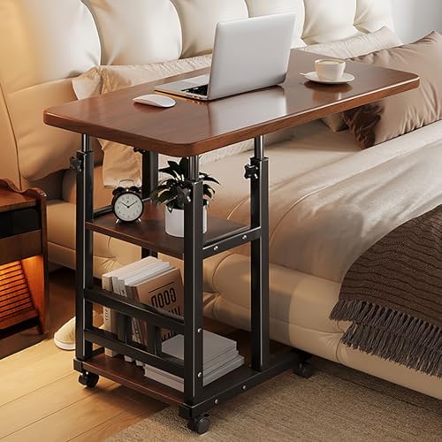 Höhenverstellbarer Schreibtisch Holz mit 2 Regal, Laptoptisch Beistelltisch C Form mit Rollen Sofatisch für Wohnzimmer Schlafzimmer(Brown,60cm/23.6in) von VOLDAX